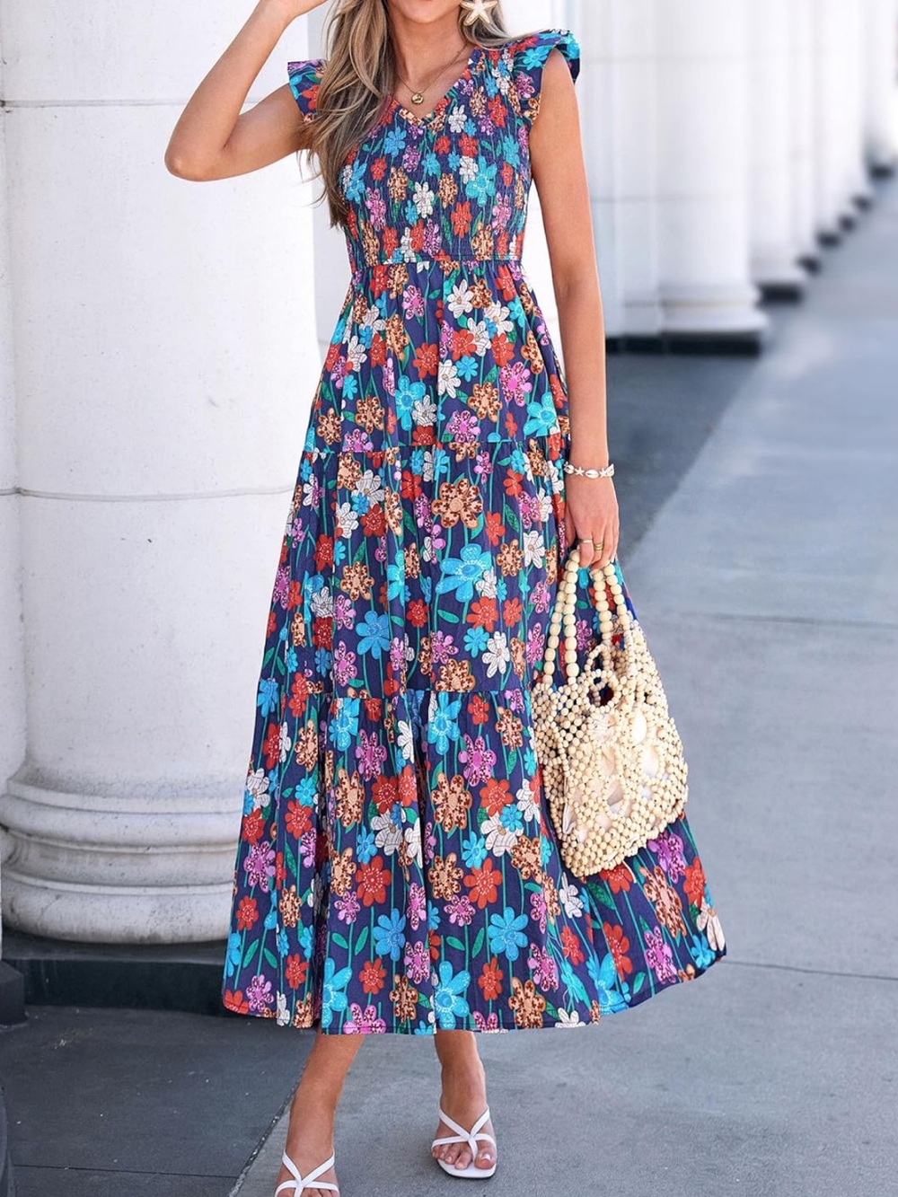 #57 Pretty Garden Size S Boho Floral Maxi Dress Smocked V Neck Ruffle Sleeve